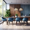 Interior design of modern dining room, wooden table and blue chairs 3d rendering Royalty Free Stock Photo