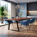 Interior design of modern dining room, wooden table and blue chairs 3d rendering Royalty Free Stock Photo