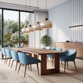 Interior design of modern dining room, wooden table and blue chairs 3d rendering Royalty Free Stock Photo