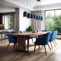 Interior design of modern dining room, wooden table and blue chairs 3d rendering Royalty Free Stock Photo