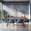 Interior design of modern dining room, wooden table and blue chairs 3d rendering Royalty Free Stock Photo