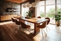 Interior design of modern dining room, wooden table and brown chairs. Generative AI Royalty Free Stock Photo