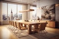 Interior design of modern dining room, wooden table and brown chairs. Generative AI Royalty Free Stock Photo