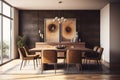 Interior design of modern dining room, wooden table and brown chairs. Generative AI Royalty Free Stock Photo