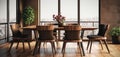 Interior design of modern dining room, wooden table and brown chairs. Generative AI Royalty Free Stock Photo