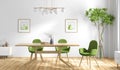 Interior design of modern dining room, wooden table and green chairs 3d rendering Royalty Free Stock Photo