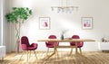 Interior design of modern dining room, wooden table and red chairs 3d rendering Royalty Free Stock Photo
