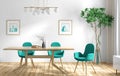 Interior design of modern dining room, wooden table and turquoise chairs 3d rendering Royalty Free Stock Photo