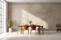 Interior design of modern dining room, Wooden dining tables and chairs near blank beige stucco wall with copy space for text.