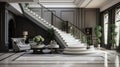 Interior design of modern entrance hall with staircase in luxury villa, soft wood and white colors, majestic stairway Royalty Free Stock Photo