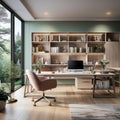 Interior design modern home office, Comfortable workplace, desk with computer monitor, stylish study room, beautiful home studio Royalty Free Stock Photo