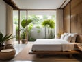 interior design of modern house, bedroom and tropical garden, illustration