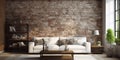 Interior design of modern industrial living room with brick wall and wooden paneling. Home design with white sofa. 3d rendering Royalty Free Stock Photo