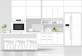 Interior design with modern kitchen in black line sketch on white background