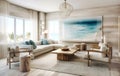 Interior design of modern living room in beach house. Created with generative AI Royalty Free Stock Photo