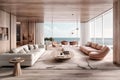 Interior design of modern living room in beach house on sea cost. Created with generative AI Royalty Free Stock Photo