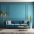 Interior design of modern living room with blue sofa, mockup frames on the wall, wooden panelling. Home design. Royalty Free Stock Photo