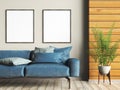 Interior design of modern living room with blue sofa, mockup frames on the wall, wooden panelling. Home design. 3d rendering Royalty Free Stock Photo