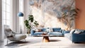 Interior design of modern living room with blue sofas and gray armchair. Created with generative AI