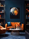 Interior design of modern living room with dark blue walls and orange furniture Royalty Free Stock Photo