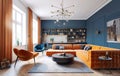 Interior design of modern living room with dark blue walls and orange furniture. Created with generative AI Royalty Free Stock Photo