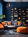 Interior design of modern living room with dark blue walls and orange furniture Royalty Free Stock Photo