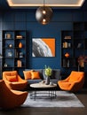 Interior design of modern living room with dark blue walls and orange furniture Royalty Free Stock Photo