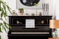 Interior design of modern living room with mock up paintings, stylish furniture, black piano, plants, lamp, wooden clock. Royalty Free Stock Photo