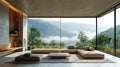 Interior design of modern living room with mountain view. Created with generative AI Royalty Free Stock Photo
