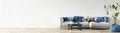 Interior design of modern living room panorama. White sofa over the brick wall with copy space. Home interior background. 3d Royalty Free Stock Photo