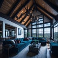 Interior Design of Modern Living Room With Timber Beams And Vaulted Ceiling, Large Windows With View, Sofas and Armchairs, Royalty Free Stock Photo