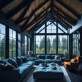 Interior Design of Modern Living Room With Timber Beams And Vaulted Ceiling, Large Windows With View, Sofas and Armchairs, Royalty Free Stock Photo