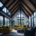 Interior Design of Modern Living Room With Timber Beams And Vaulted Ceiling, Large Windows With View, Sofas and Armchairs, Royalty Free Stock Photo