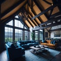 Interior Design of Modern Living Room With Timber Beams And Vaulted Ceiling, Large Windows With View, Sofas and Armchairs, Royalty Free Stock Photo