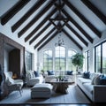 Interior Design of Modern Living Room With Timber Beams And Vaulted Ceiling, Large Windows With View, Sofas and Armchairs, Royalty Free Stock Photo