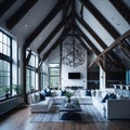 Interior Design of Modern Living Room With Timber Beams And Vaulted Ceiling, Large Windows With View, Sofas and Armchairs, Royalty Free Stock Photo