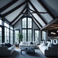 Interior Design of Modern Living Room With Timber Beams And Vaulted Ceiling, Large Windows With View, Sofas and Armchairs, Royalty Free Stock Photo