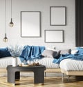 Interior design of modern living room with white sofa over the brick wall with mock up frames. Home interior with coffee table. 3d Royalty Free Stock Photo