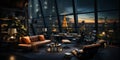 Interior Design modern Living room, windows show stunning view of the city skyline, Empty room apartment