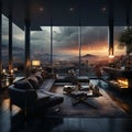 Interior Design modern Living room, windows show stunning view of the city skyline, Empty room apartment