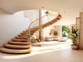 Interior design of modern living room with wooden spiral staircase. Created with generative AI