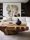 Interior design of modern living room with wooden and stone sculptures and live edge coffee table