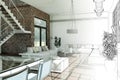 Interior Design Modern Loft Drawing Gradation Into Photograph Royalty Free Stock Photo