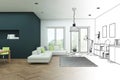 Interior Design Modern Loft Drawing Gradation Into Photograph Royalty Free Stock Photo