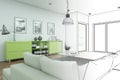 Interior Design Modern Loft Drawing Gradation Into Photograph Royalty Free Stock Photo