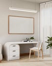 Interior design of a modern, minimalist white private office or home office with a modern white desk Royalty Free Stock Photo