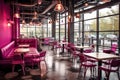 Interior design of modern restaurant in pink tones. Urban cafe in loft style. Generative AI