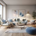 Interior design of modern Scandinavian apartment, living room 3d rendering Royalty Free Stock Photo