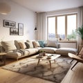 Interior design of modern Scandinavian apartment, living room 3d rendering Royalty Free Stock Photo