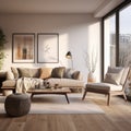 Interior design of modern Scandinavian apartment, living room 3d rendering Royalty Free Stock Photo
